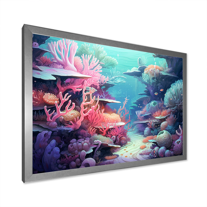 Turquoise et rose sous-marin - Plage et océan, impressions sur toile, H 34 po x l 44 po x P 1,5 po, Cadre simple argenté