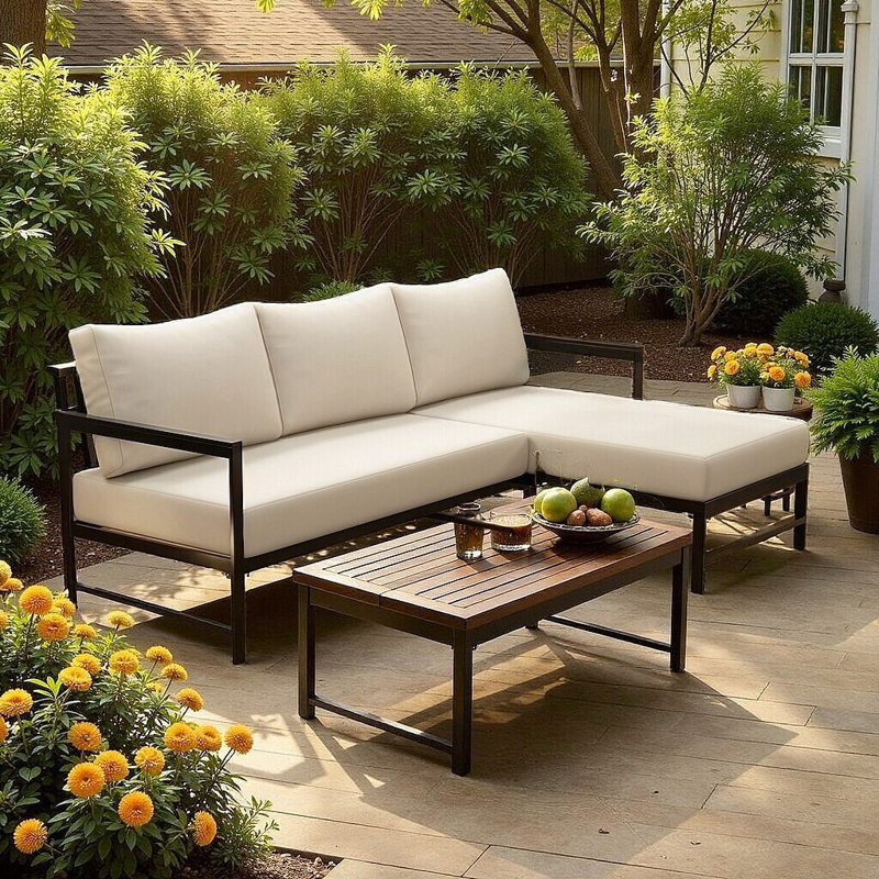 Canapé d'extérieur en L en forme de L avec coussins épais pour patio, balcon, jardin, Beige