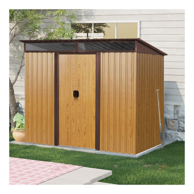 8Ft X 6Ft Outdoor Metal Storage With Lockable Sliding Doors And Transparent Plate For Garden, Lawn (Coffee)