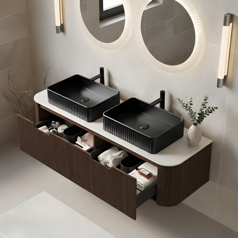 Meuble-lavabo mural 60 po avec 2 lavabos rectangulaires noirs en céramique et 2 tiroirs, 60"