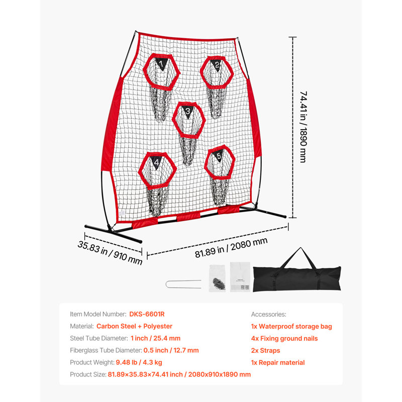 Filet d'entraînement 6 pi x 6 pi Football Trainer, H 74,41 po x l 81,89 po x P 35,83 po, Rouge