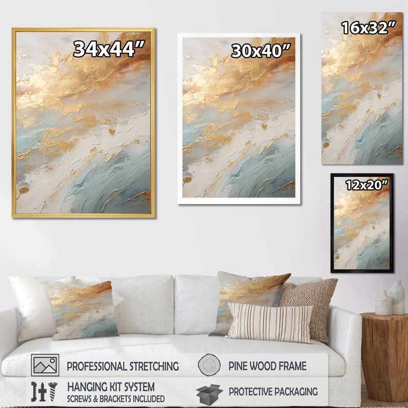 «Golden and Blue Beach Tranquility IV - Coastal Beach», art mural encadré, 32" H x 16" W, Cadre flottant brun