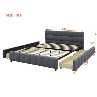 Cadre de lit plateforme grand tapissier avec 4 tiroirs de rangement, tête de lit capitonnée à blocs, structure de lit rembourrée en tissu de lin, beige