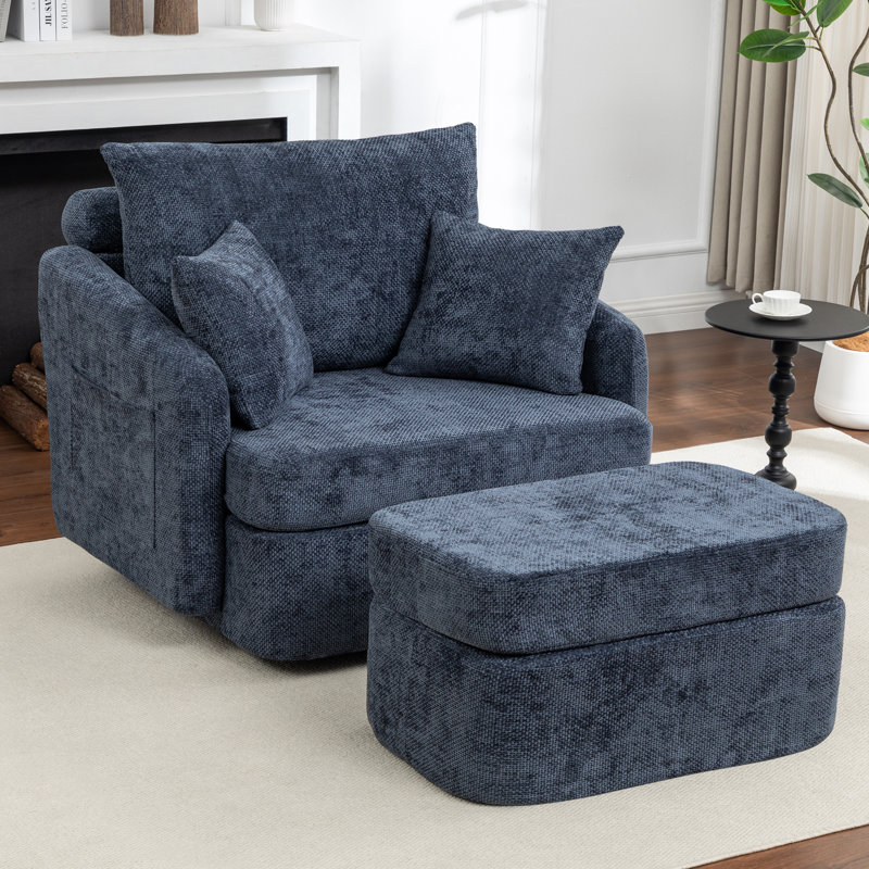39''W Chenille Swivel  Accent Chair With Compression Ottoman for Living Room with Pillows Back, Blue, 1
