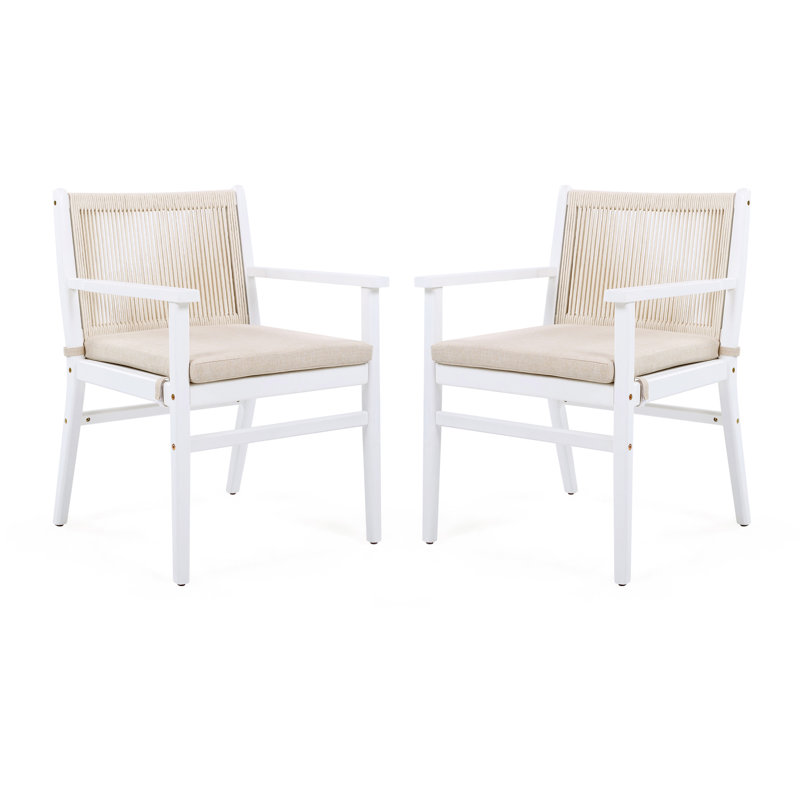 Repas d'extérieur pour 2 chaises, dossier en bois avec corde, coussin hydrofuge, structure blanche, limite de poids de 400 lb, coussin amovible pour le lavage en machine, confort ergonomique, repas en terrasse de style simple,