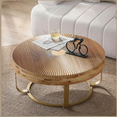 Table basse ronde moderne avec sculpture en bois exquise et pieds en métal robustes pour une utilisation polyvalente dans le salon, la salle de réception et le bureau