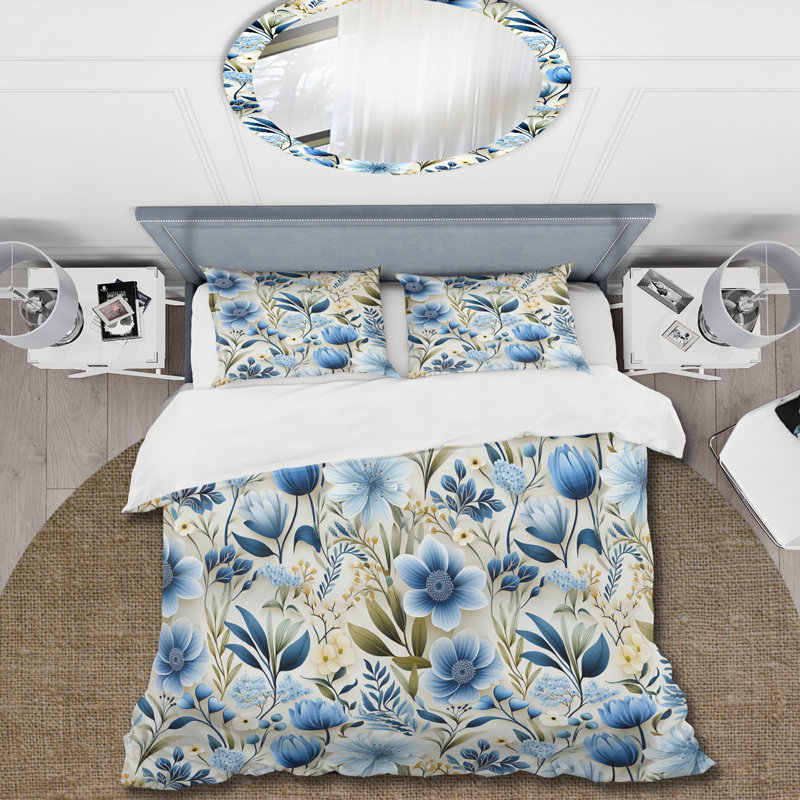 Ensemble de housse de couette blanc et bleu Ranunculus, Housse de couette simple + 1 taie décorative stan