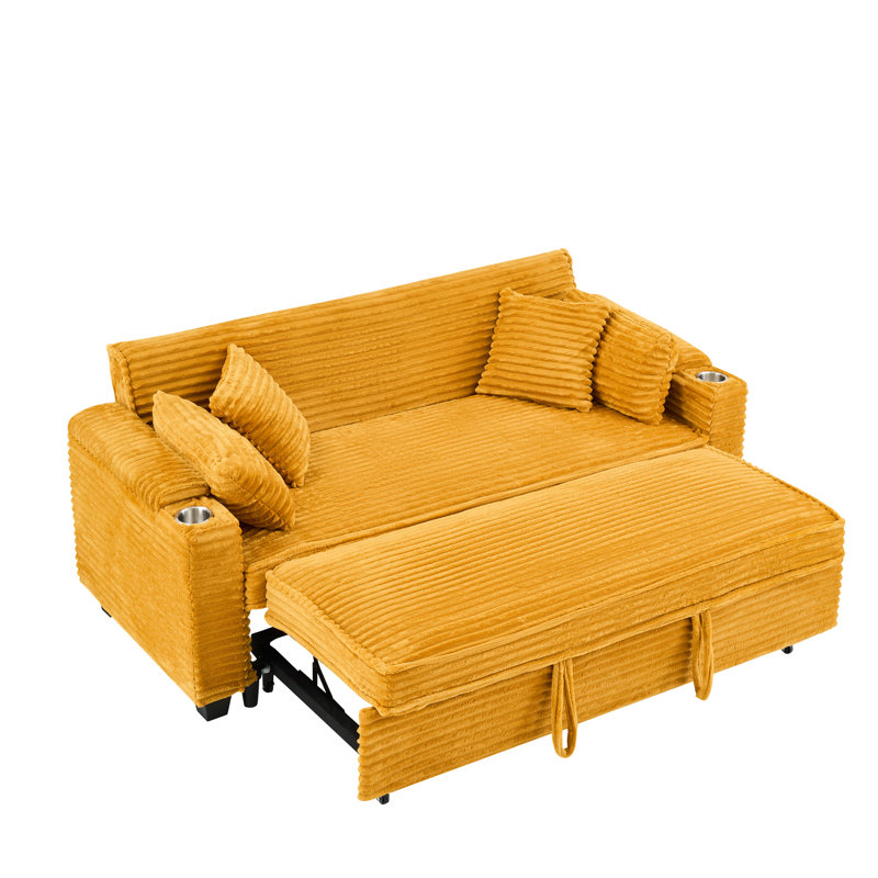 Lit orange en velours côtelé de 80 pouces avec porte-gobelet - idéal pour les espaces de vie compacts