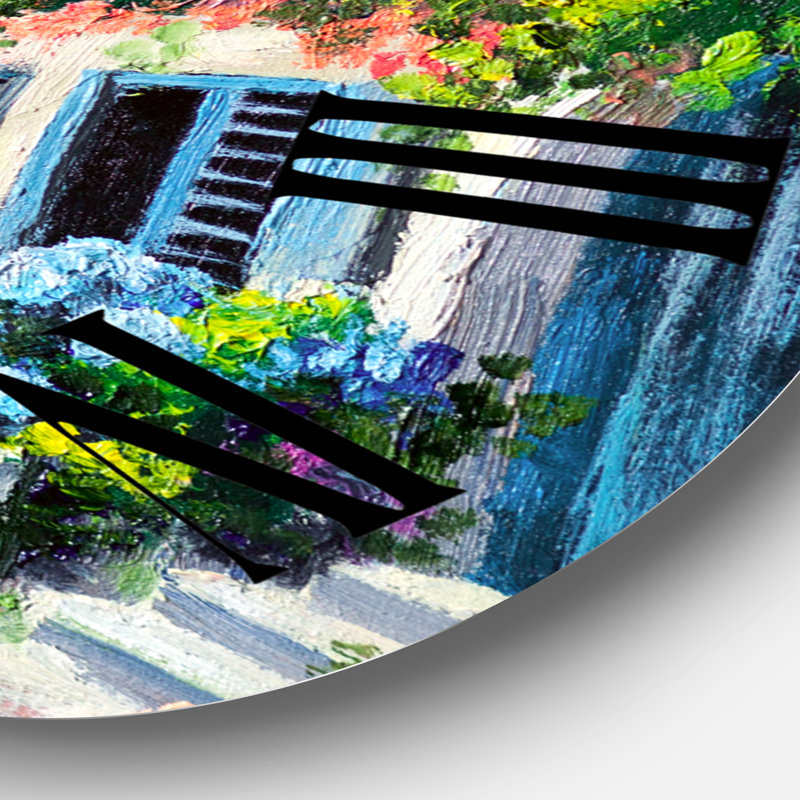 Horloge murale nautique et côtière, maisons blanches avec fleurs en fleurs près de la mer, Surdimensionné