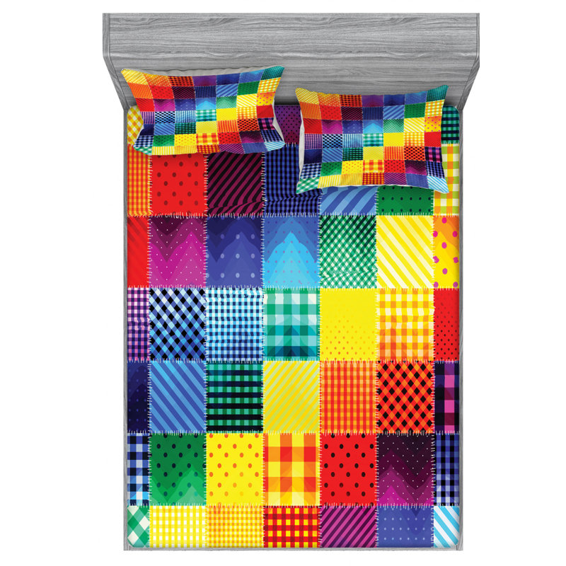 Microfiber Patchwork Sheet Set, Queen Sheet Set with Fitted Sheet