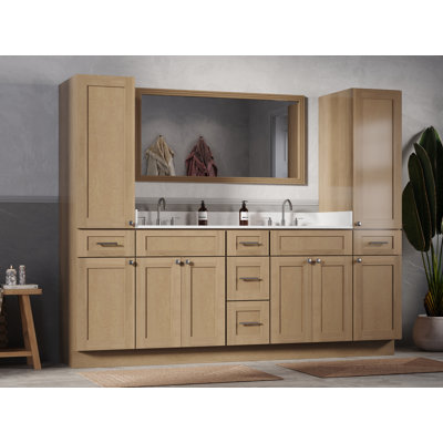 Disar 90'' Double Bathroom Vanity With Linen Tall Cabinet Shaker Dovetail Solid Wood Drawer Carrara Quartz Top