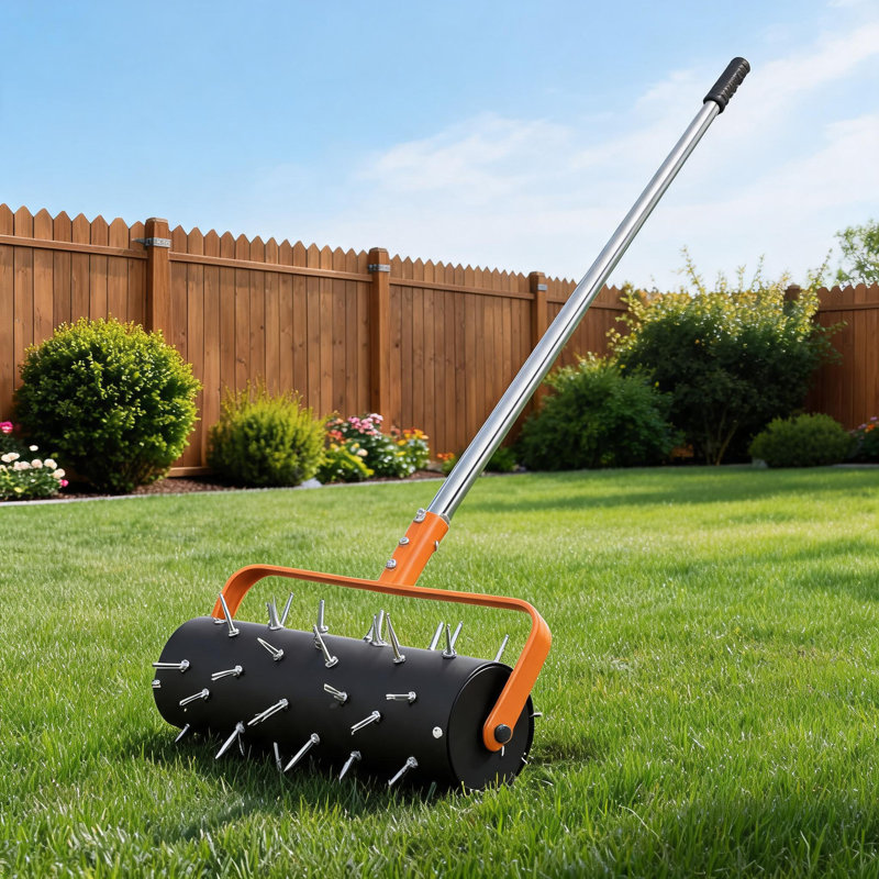Heavy Duty Rolling Lawn Aerator with 52 Spikes & 15" Wide Roller | Telescopic Adjustable Handle for Large Area Soil Venting & Comfortable Operation