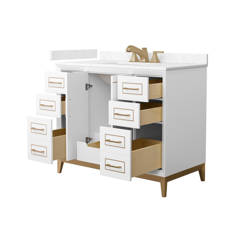 Marlena 42" Freestanding Single Bathroom Vanity with Cultured Marble Top, White, Satin Bronze, 60"