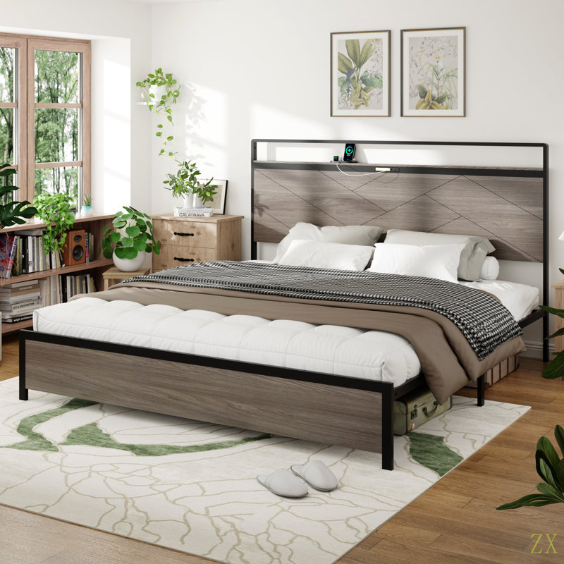 Cadre de lit très grand, cadre de lit plateforme en bois avec tête de lit à DEL avec rangement et 2 ports USB, aucun bruit, aucun matelas à ressorts requis et outils d'assemblage simples
