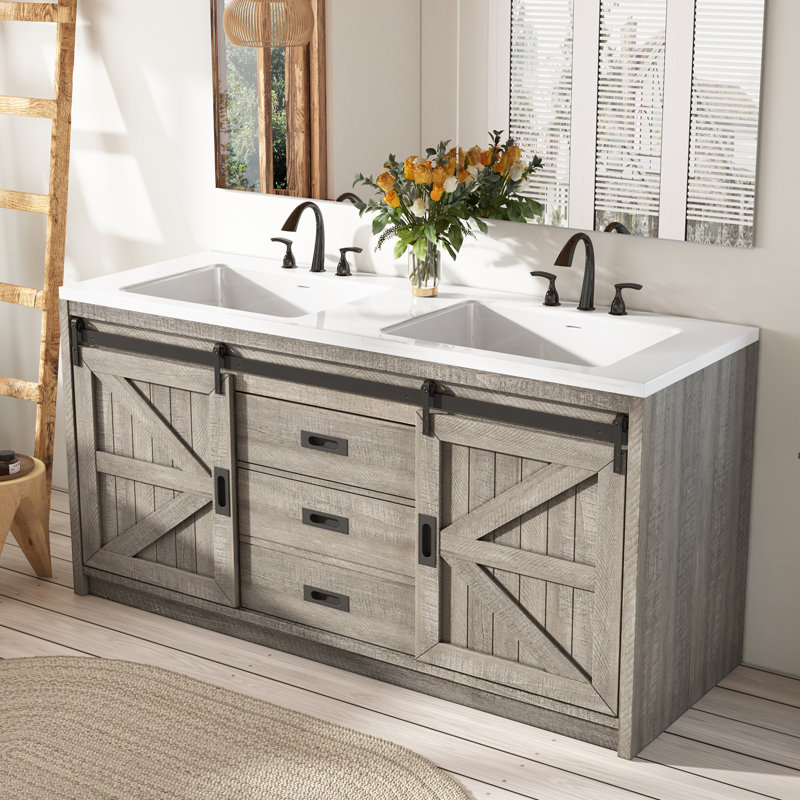 Meuble-lavabo double 60 po avec 2 tiroirs et portes Chimira, Gris, 33.7" H x 60" W x 21.7" D