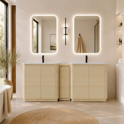 Meuble-lavabo autoportant avec lavabo en céramique blanche et 1 petite armoire de rangement, porte à fermeture douce, contreplaqué