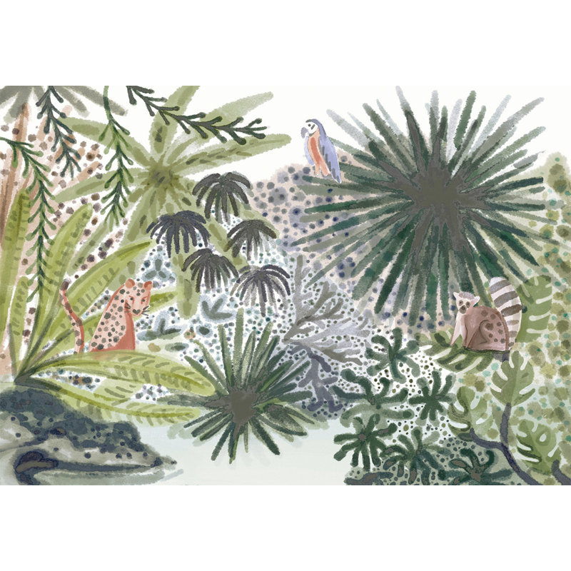 Papier peint pour enfants, paysage tropical avec des animaux, L 137 po x L 100 po