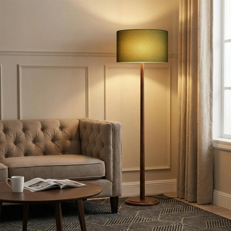 61'' Green Linen Shade Standard Floor Lamp with Walnut Rubberwood Base and Foot Switch for Living Room or Study Room, Green