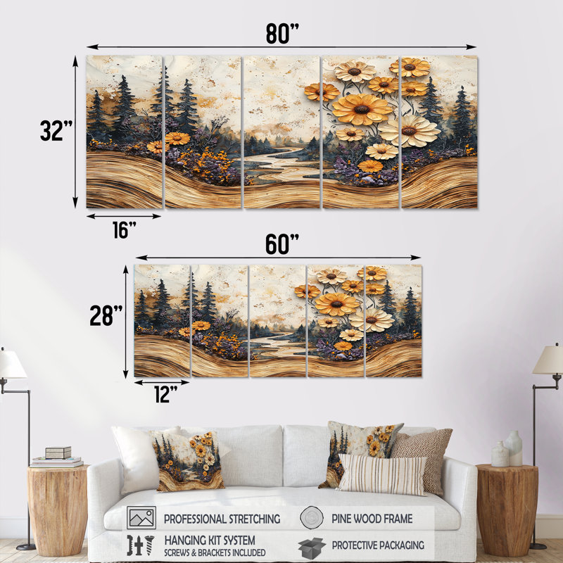 Pinellas - Wildflowers Wall Art - ensemble d'art mural traditionnel 5 pièces, H 28 po x l 60 po