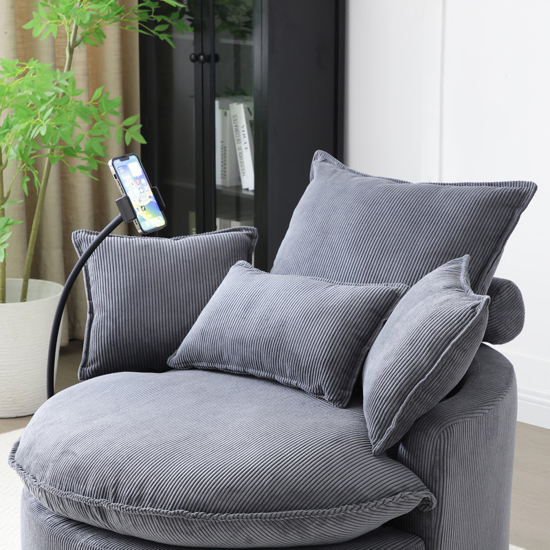 Fauteuil pivotant à 360 ° pour le salon, gris confortable avec 4 coussins et une chaise de rangement moderne à dossier souple