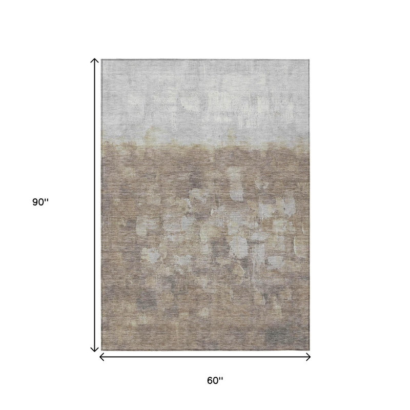 Tapis taupe et argent à motif abstrait lavable pour l'intérieur et l'extérieur, Rectangle de 5 pi x 8 pi