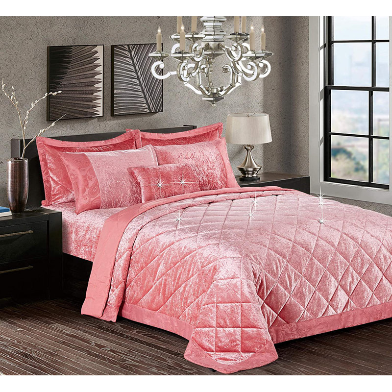Santiago Crushed Velvet Bedspread Set Premium Soft Microfiber Reverse and Standard Pillow Shams, Pink