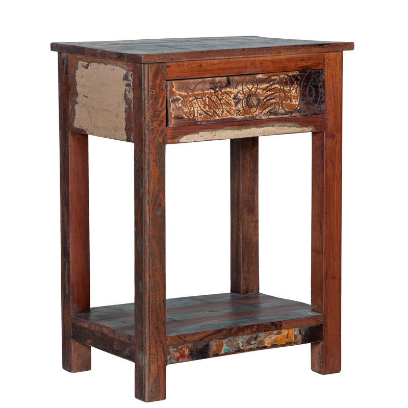 Table de chevet en bois massif à 1 tiroir Nigella, Marron foncé