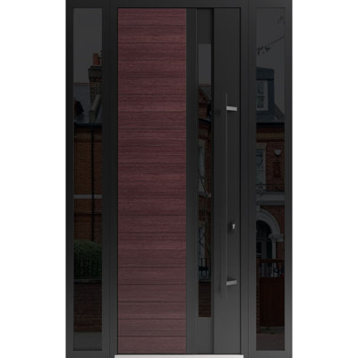 Porte avant en acier pré-suspendue à l'avant / Ronex 0162 chêne rouge / 2 fenêtres latérales extérieures à l'extérieur / entrée en métal peint moderne l 12 + 36 + 12 po x H 96 po à gauche