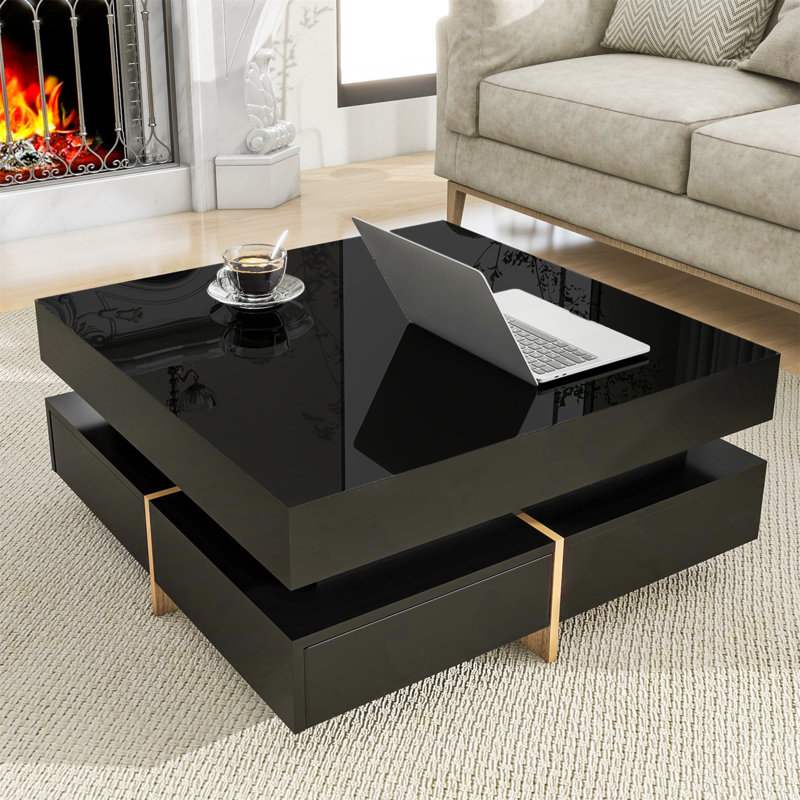 Table basse moderne à haute brillance avec 4 tiroirs, table basse carrée multi-rangement avec pieds en grain de bois, table centrale pour le salon, 31,5 po x 31,5 po