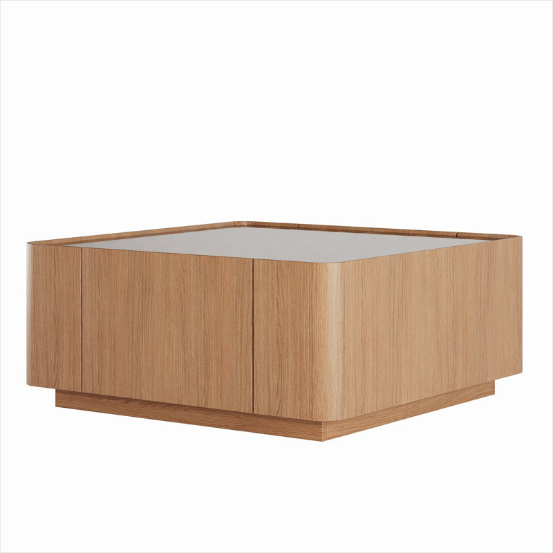 Table basse ronde avec deux tiroirs de rangement, plateau en verre, finition brune ton bois, base flottante
