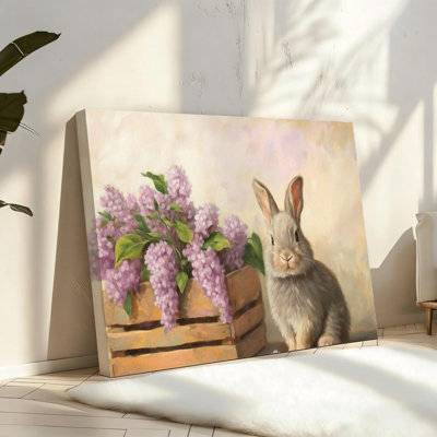 Vintage Farmhouse Spring Bunny And Lilac Flowers Canvas Solid Wood Frame Support Wall Art,16"X24",For Living Room Bedroom Office Decoration Gray