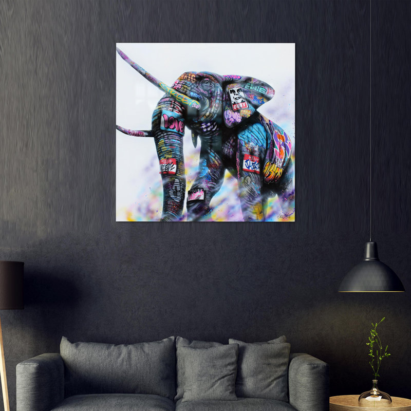 Éléphant, art graffiti sur support mural en verre trempé, idéal pour les amateurs d'éléphants, H 39,4 po x l 39,4 po