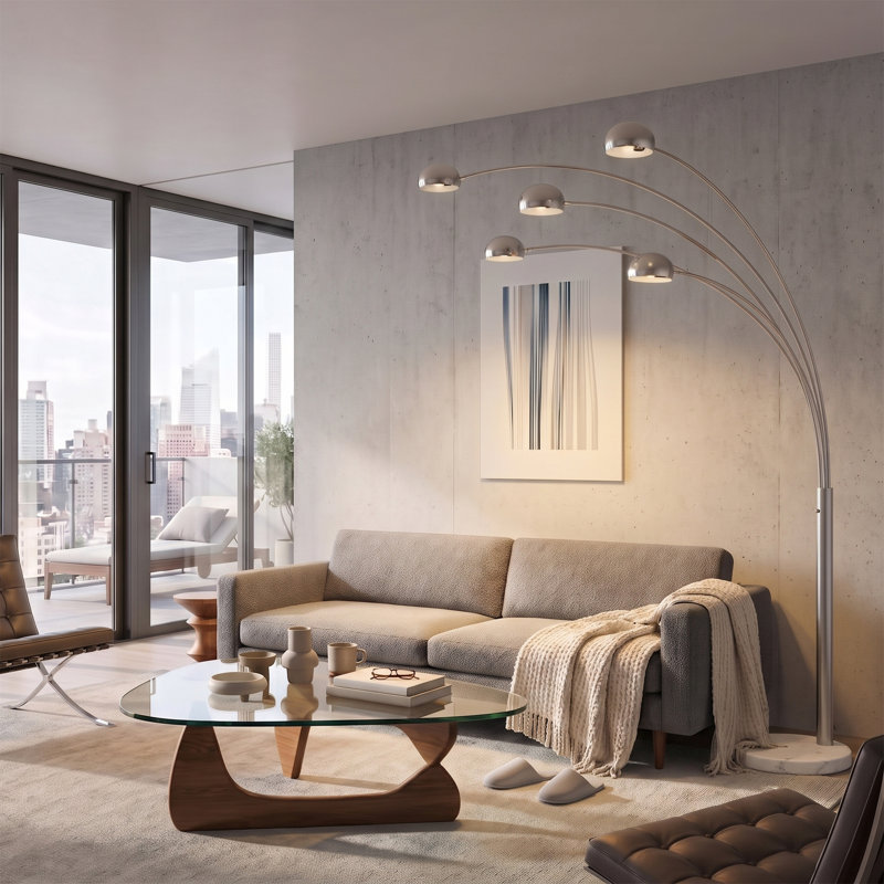 92 " Arched Floor Lamp, White Marble Base, Satin Nickel