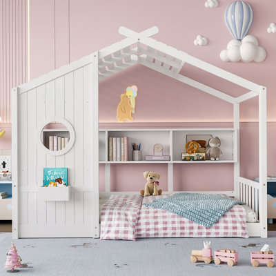 Lit maison pour tout-petits et enfants avec tablette de rangement et toit, idéal pour l'apprentissage et l'exploration ludique
