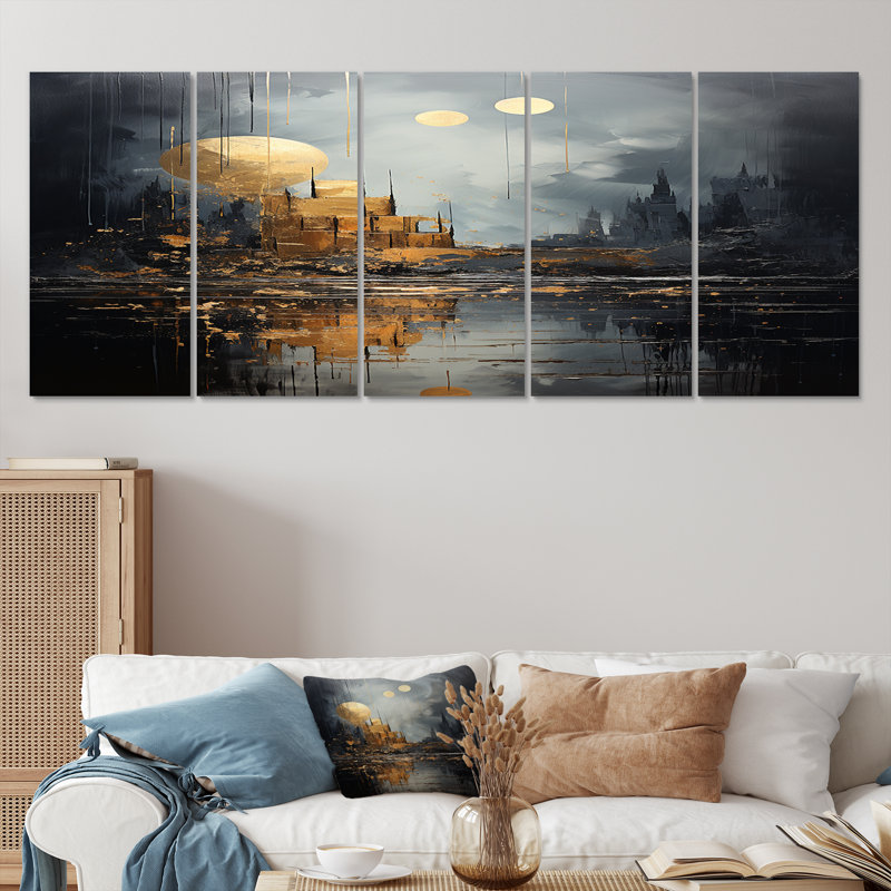 «Golden Cityscape Full Moon Reflection - Abstract Landscape», ensemble de 5 décorations murales, H 28 po x l 60 po
