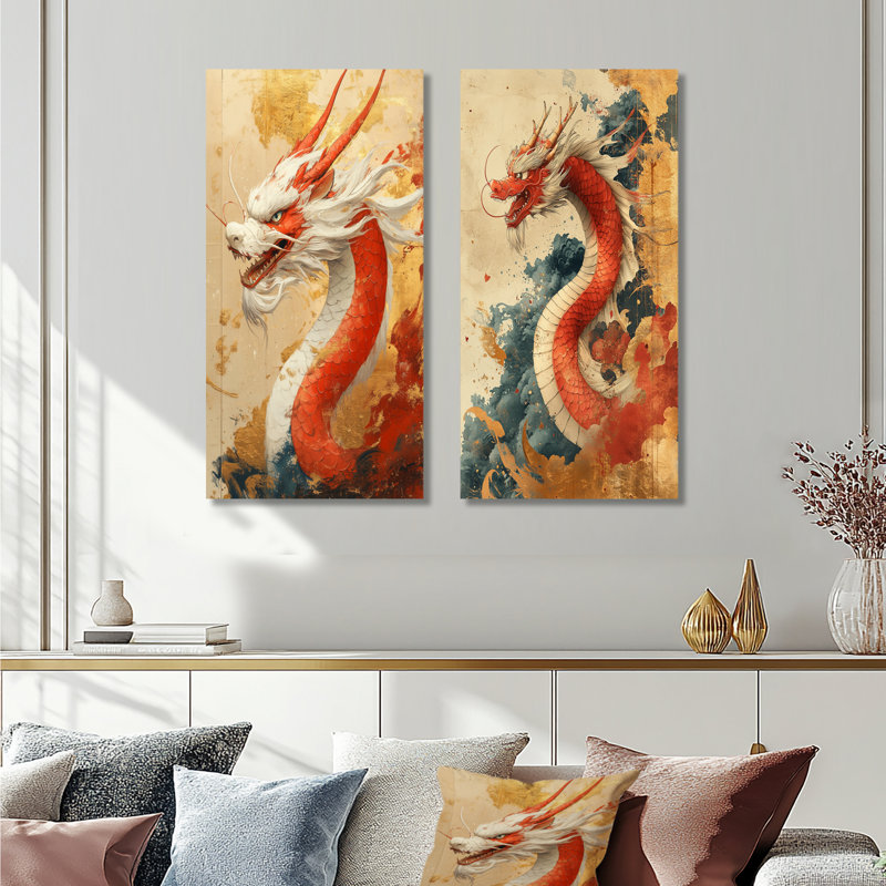 China Dragon Majestic Power I - Dragons, ensemble de 2 pièces d'art mural, Ne s’applique pas, Toile tendue sur cadre