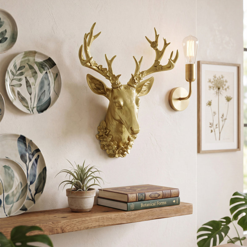 Tête de cerf en résine dorée 3D à fixer au mur, ornée de bois fleuri, style vintage. Décoration murale en résine imitation taxidermie.