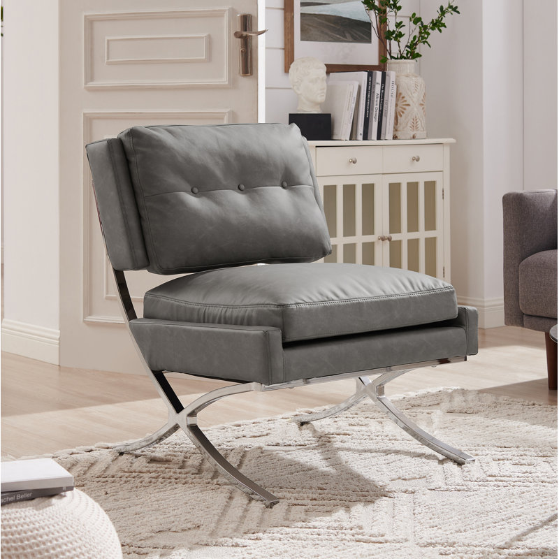 Charliee 26.38'' W Tufted Faux Leather Upholstered Accent Slipper Chair, Gray Faux Leather