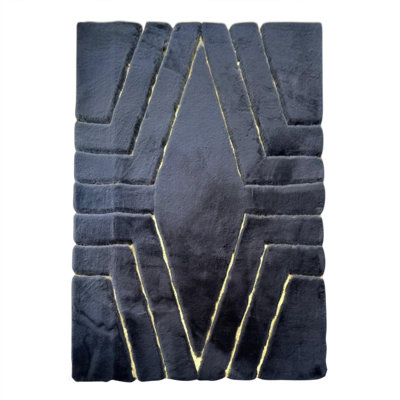 Gold Striped Black Geometric Fur Plush Rug With Low-Pile Shaggy Texture For Modern Living Spaces