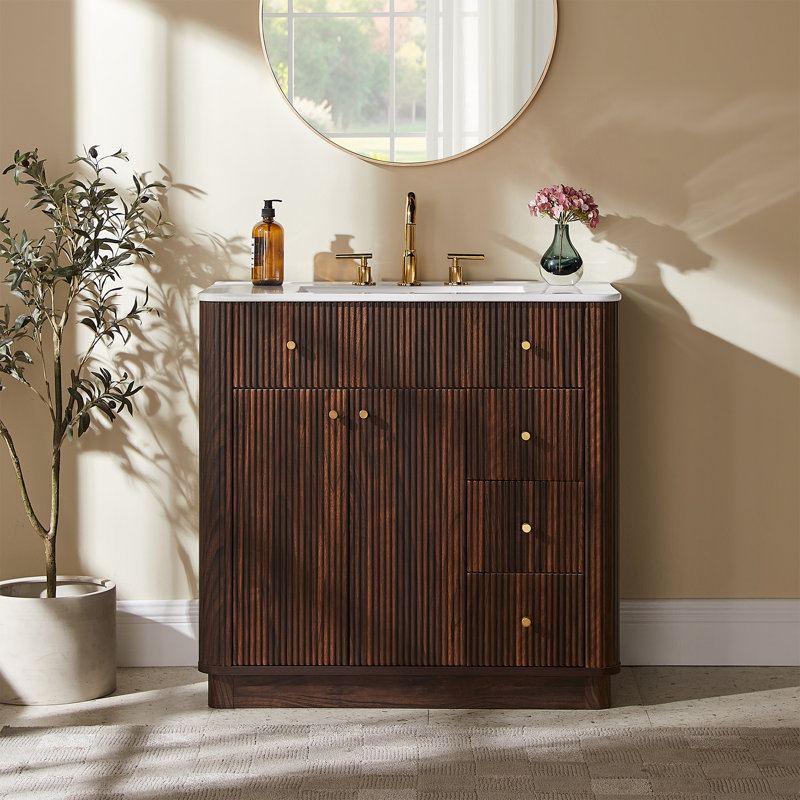 Meuble-lavabo cannelé 35,8 po, évier intégré en céramique, 3 tiroirs et armoire de plancher réglable, Noyer foncé
