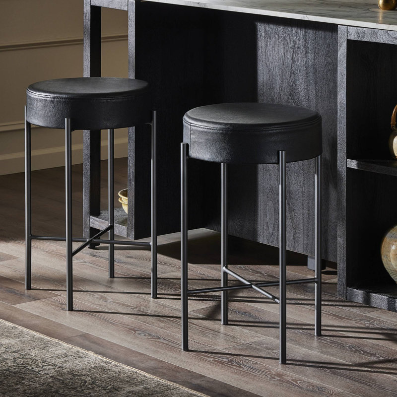 Eugenia Upholstered Counter Stool with Iron Frame, Leather - Black, Counter Stool (26" Seat Height)