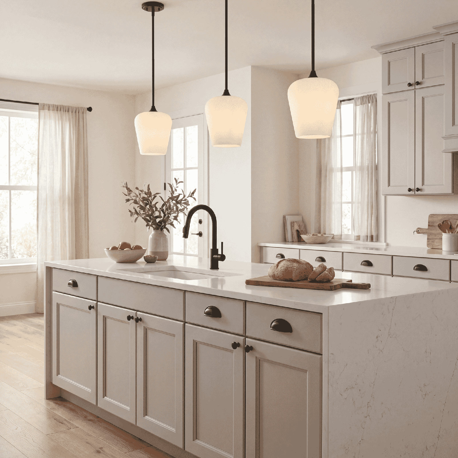 Breena Dimmable Single Light Pendant, White, Matte Black