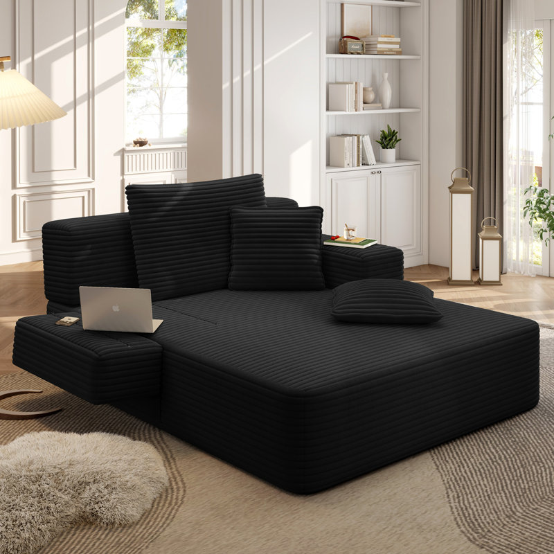 Chaise longue en velours côtelé luxueux avec 3 coussins, canapé-lit convertible et poche de rangement, Noir