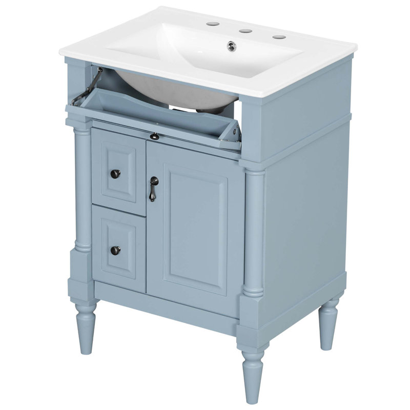 Armoire de salle de bain autoportante 24 po avec lavabo 24 po avec tiroir rabattable, tablette réglable, poignées en métal