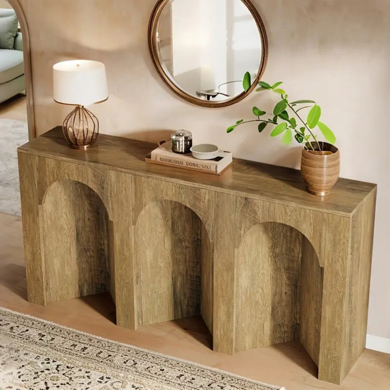 Farmhouse-Style 63" Narrow Sofa Console Table | Engineered Wood With Rustic Oak Finish | Scratch-Resistant & Industrial Metal Legs | Versatile For Entryway, Hallway, Living Room | Space-Saving Design With Arched Shape & Arch Cutouts | Easy Assembly, Hallw