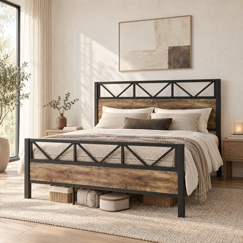 Bed Frame with Tall 51.2 Inch Industrial Headboard, Platform Bed Frame with Strong Metal Support, Solid and Stable, Noise Free, No Box Spring Needed, Easy Assembly