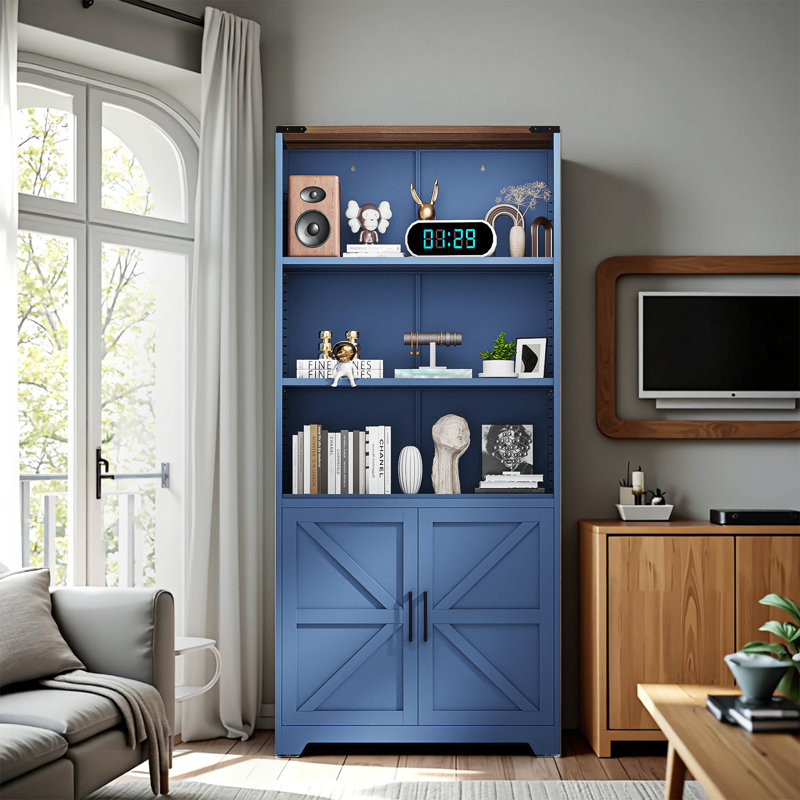 Barn Door 3 Shelf Steel Bookcase Storage Cabinet, Blue