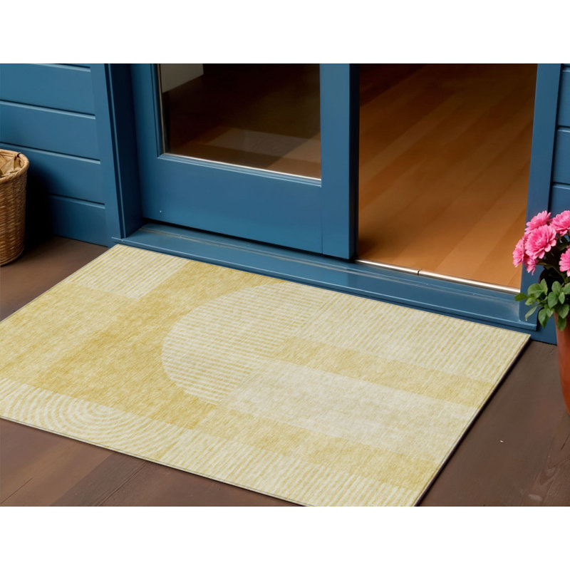 Tapis intérieur lavable à motif géométrique ivoire et jaune 3 pi x 5 pi