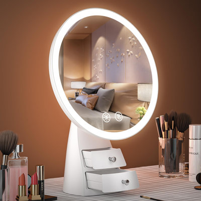 Lighted Makeup Mirror With Small Drawers 87 Round Vanity Mirror Make Up Mirror With Lighting 3 Color Modes Adjustable Brightness Rechargeable LE Lighted Makeup Mirror With Small Drawers 87 Round Vanity Mirror Make Up Mirror With Lighting 3 Color Modes Adjustable Brightness Rechargeable LE
