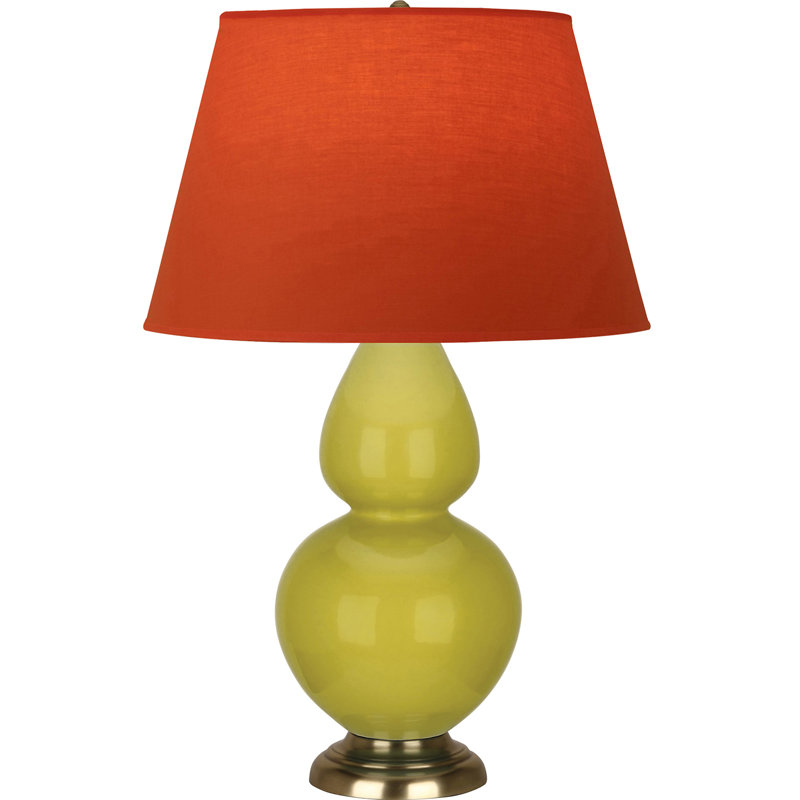 Lampe de table double gourde en céramique, Citron glacé / laiton, Tangerine / doublure taupe, Laiton